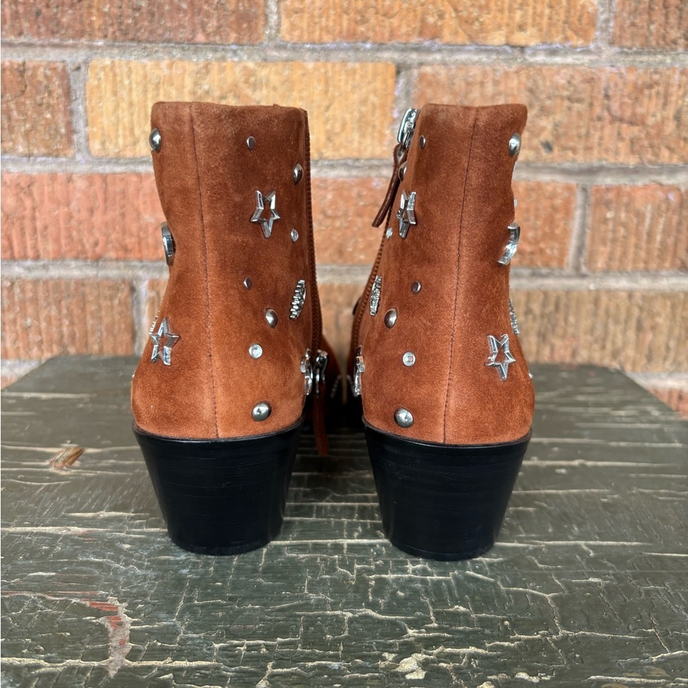 Rebecca Minkoff Lizzie Suede Booties Sz 6 Studded Moon Stars Brown Almond - Picture 13 of 13